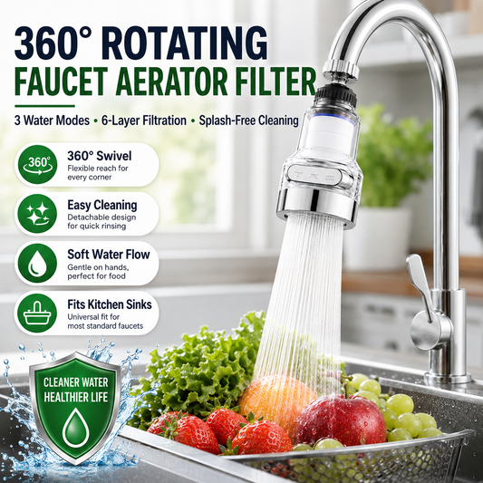 360° drejelig vandhane-luftblander med filter, 6-lags filtrering, 3 vandindstillinger, sprøjtefri til rengøring af frugt og grøntsager i køkkenvasken