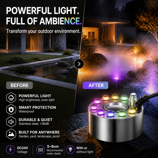 ⏳🔥50 % RABAT I BEGRÆNSET PERIODE! ⏰💨 Ultralyds-tågemaskine med 12 LED’er – Skaber kølig tåge og farverigt lys – Perfekt til luftfugtere, springvand eller Halloween-dekoration – kører lydløst i vand 💧✨