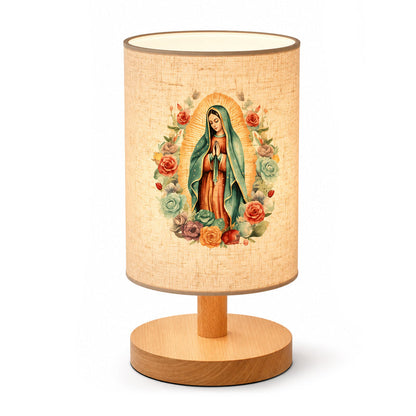 🌙 Bordlampe i træ med Jomfru Maria-motiv