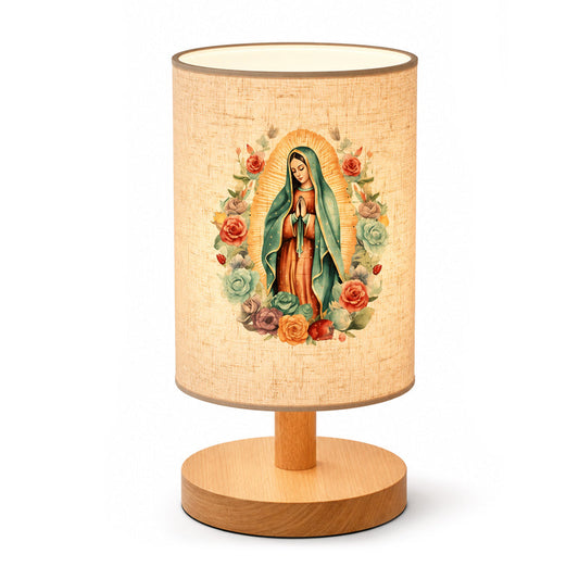 🌙 Bordlampe i træ med Jomfru Maria-motiv