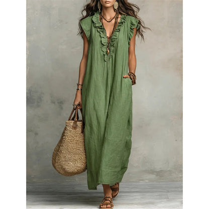 👗 50 % RABAT NU! 🌸 Afslappet, ærmeløs kjole med V-udskæring og flæser til kvinder – Let og luftigt – Perfekt til sommerdage, stranden eller brunch – charmerende og nem at have på 💃