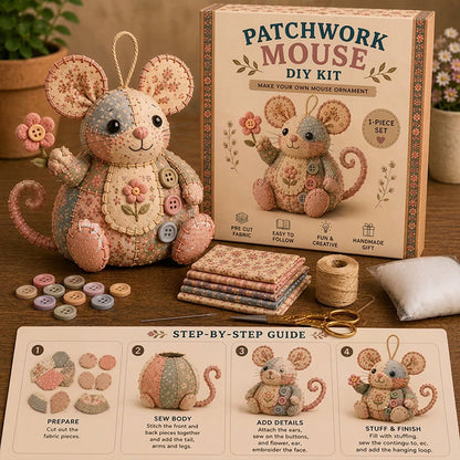🧵🐭 Vintage patchwork-mus DIY-sæt – Alt inkluderet & perfekt til begyndere!