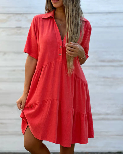 💝Enfarvet, behagelig kjole med revers og knapper