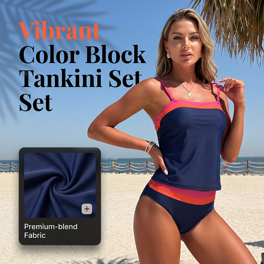 To-delt tankini til kvinder i farveblok-design – konservativt badetøjssæt