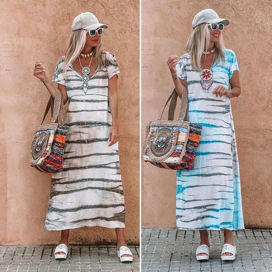 Luftig, løs lang kjole med V-udskæring