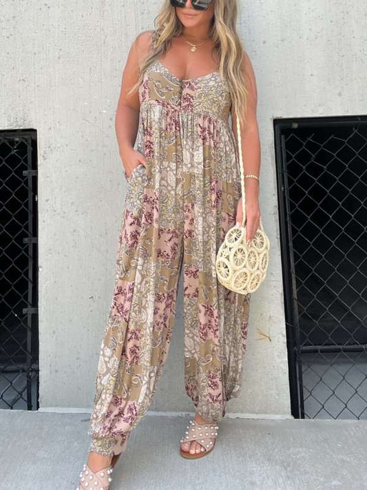 Populær løs jumpsuit med patchwork-mønster