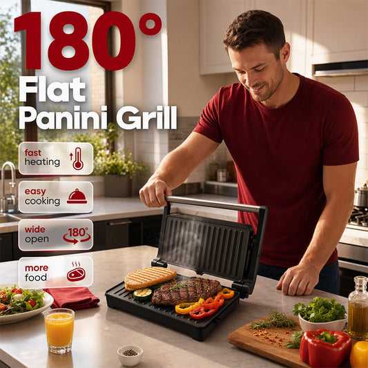 Elektrisk sandwichpresser og panini-maskine med 180 graders flad grillplade