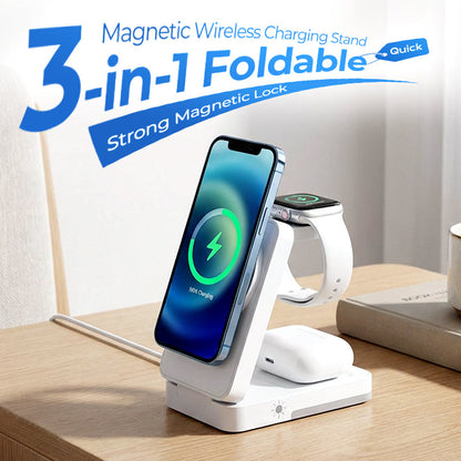 🔋 3-i-1 sammenklappelig magnetisk opladningsholder | Trådløs opladningsstation til telefon, ur og øretelefoner | Kompakt og pladsbesparende ✨
