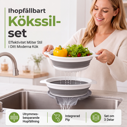 🥗 3-delt sammenklappeligt dørslagssæt med afdrypningsunderlag – pladsbesparende køkkendørslag til frugt, pasta og grøntsager