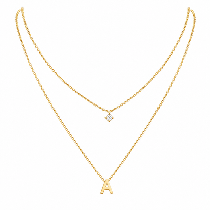 Dobbeltlags halskæde til kravebenet med A-Z-initialer i minimalistisk design med skinnende rhinestones