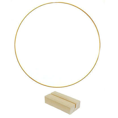 🌸 50 % RABAT! ✨ Dekorativ ring i guldfarve med træfod – Borddekoration, der kan tilpasses, med LED-lyskæde, genanvendeligt design til blomster, bånd og grønt – Elegant håndværk i jern og fyrretræ til arrangementer og hverdagsindretning 🎀