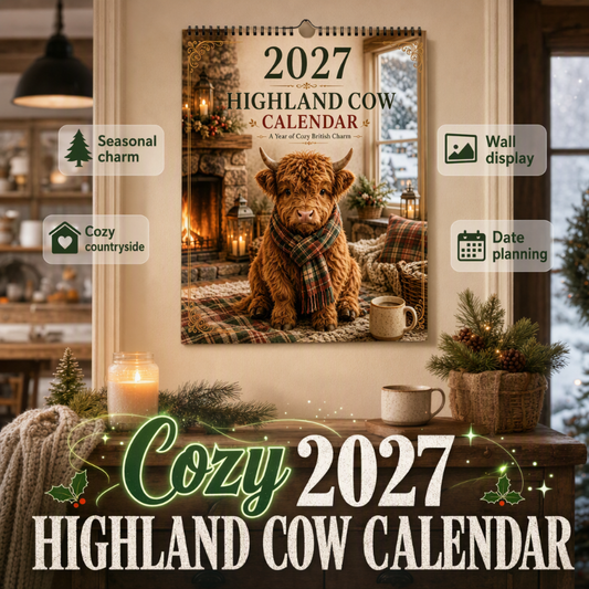 🐮🍂 Vægkalender med højlandskøer for 2027 – Hyggeligt landsted og sæsonbestemt kunst