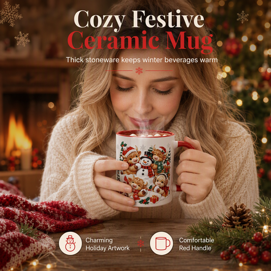 🎄 Limited-Time 50% Off ✨ Cozy Holiday Ceramic Mug — Festive Red Handle & Snowman Print ☕